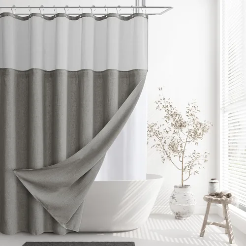 Vista 13 de Naturoom Cortina de ducha de lino de 72 pulgadas para baño, color beige y blanco, doble capa