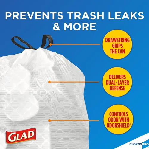 Vista 2 de Glad bolsas de basura con cordón grandes para cocina, 13 galones, 100 unidades (paquete de 4). Unscented, Rip and Tear Resistant, Reinforced