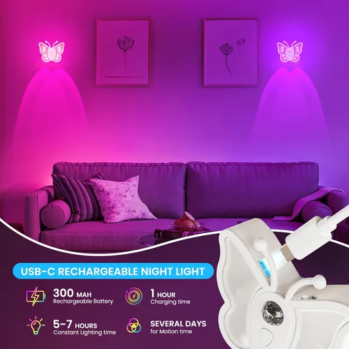 Vista 5 de LOFTEK Luz Nocturna de Mariposa, Luz Nocturna Recargable con Sensor de Movimiento, 2 Modos de Color y Luz Nocturna RGB Ajustable, Se Pega