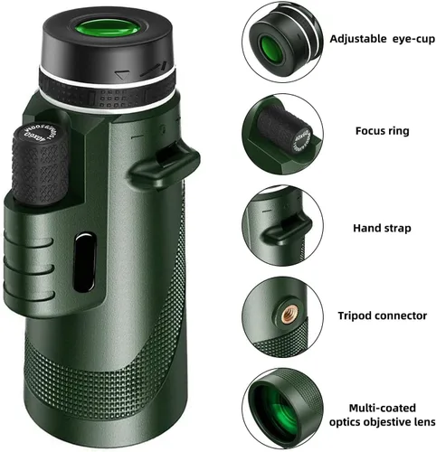 Vista 3 de 12 * 50HD monocular Telescope with Smartphone Adapter, Tripod, high Power monocular, Lightweight monocular Telescope for Bird Watching Trips Green