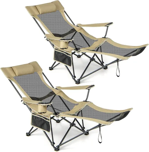 Vista 12 de GYMAX Silla de campamento, silla reclinable ajustable con reposapiés extraíble, almohada acolchada, portavasos y bolsillo lateral, silla plegable