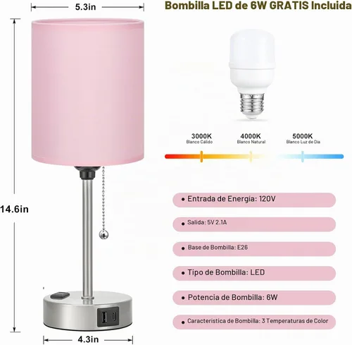 Vista 4 de Lámpara de mesita de noche pequeña para dormitorio, lámpara de escritorio Rosa-Plateado