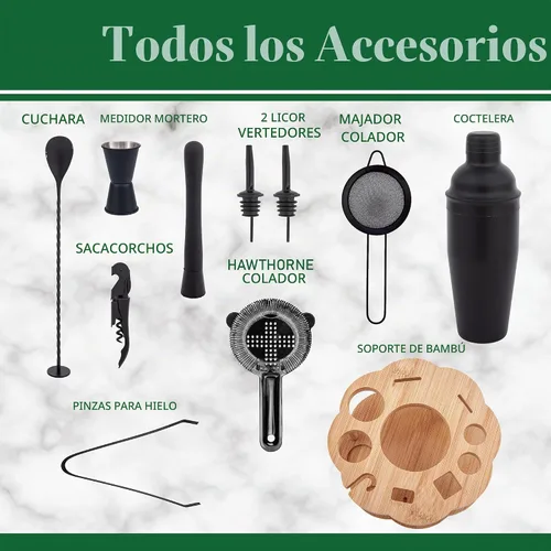 Vista 2 de Juego de coctelera para barman con soporte giratorio de bambú, juego de 11 piezas de accesorios de bar de acero inoxidable para mezclar bebidas