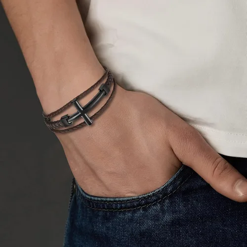 Vista 2 de COOLSTEELANDBEYOND Men Stainless Steel Horizontal Sideway Lateral Cross Three-Row Braided Leather Bangle Bracelet