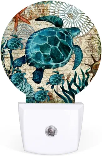 Vista 2 de Juego de 2 luces nocturnas de tortugas marinas enchufables a la pared, con sensor automático del anochecer al amanecer, lámparas LED de decoración
