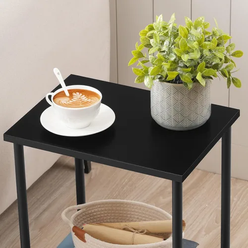 Vista 5 de HOOBRO Mesa auxiliar, mesa auxiliar pequeña, mesita de noche con estantes de almacenamiento de 2 capas, mesa de sofá para espacios pequeños, sala