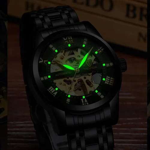 Vista 6 de Dentily Reloj mecánico de acero inoxidable para hombre, esqueleto automático, impermeable, relojes de negocios para hombres