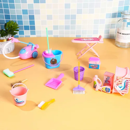 Vista 4 de ONEST - 18 piezas de suministros de limpieza para muñecas en miniatura, accesorios de decoración de muebles de casa de muñecas para muñecas