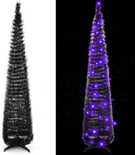 Vista 8 de Aoriher Árbol de Navidad de Oropel Negro Plegable Emergente Preiluminado de 5 pies con Luces de Cadena Moradas, Árbol Artificial Reutilizable
