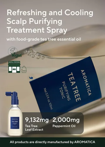 Vista 2 de AROMATICA Tónico purificador de árbol de té, parabenos, silicona, sin sulfato, vegano, tónico calmante y refrescante para el tratamiento del cuero