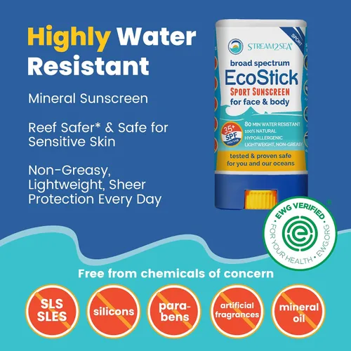 Vista 3 de STREAM 2 SEA EcoStick - Protector solar mineral SPF 35, protector solar resistente al sudor al agua, aprobado por la USDA, biodegradable, sin