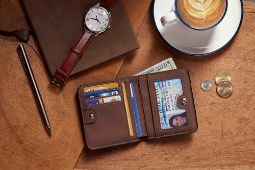 Vista 6 de Gostwo - Cartera compacta de piel genuina de lujo para mujer con bloqueo de RFID y ventana de identificación