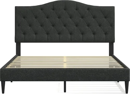 Vista 4 de Glenwillow Home OROS - Marco de cama tapizado con plataforma copetuda, respaldo copetudo, base de colchón, soporte de listones de madera, no Gris