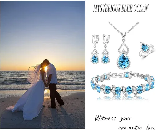 Vista 3 de LMXXVJ Juego de joyas para mujer, collar chapado en platino, anillo abierto, aretes, pulsera, para cumpleaños, aniversario, día de la madre, regalos