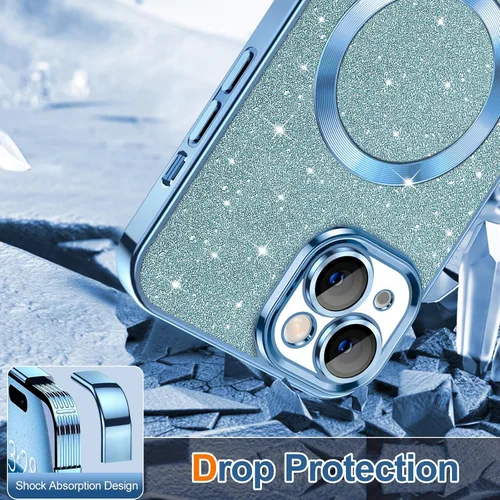 Vista 120 de Hython para iPhone 15 Plus Funda con chispas brillantes, Fundas transparentes magnéticas con protector de lente de cámara [Compatible con MagSafe]