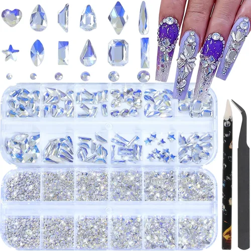 Vista 22 de Diamantes de imitación para uñas, tamaño 3D multiforma, gemas y dijes de cristal AB para uñas, parte trasera plana, con kit para arte de uñas