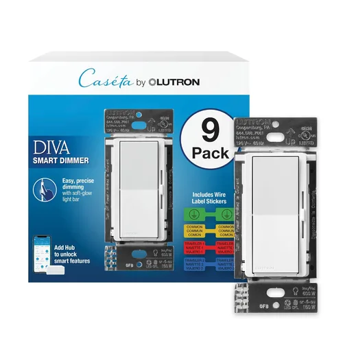 Vista 19 de Lutron - Interruptor inteligente Diva con regulador de intensidad de iluminación inteligente Caséta para bombillas LED, Alexa, Apple Homekit, Google