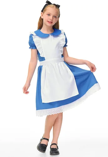 Vista 2 de BesserBay Disfraz de Halloween azul con cuello de Peter Pan y delantal blanco para niñas de 9 a 10 años