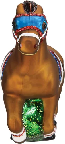 Vista 3 de Old World Christmas Adorno de cristal soplado de caballo de carreras para árbol de Navidad, decoración navideña artesanal, colección de caballos
