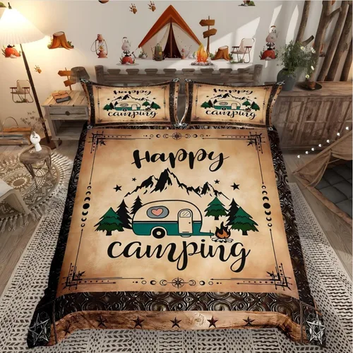 Vista 32 de Erosebridal Juego de funda de edredón de cabaña de cabaña, ropa de cama individual para niños, funda de edredón de campamento feliz, ropa de cama