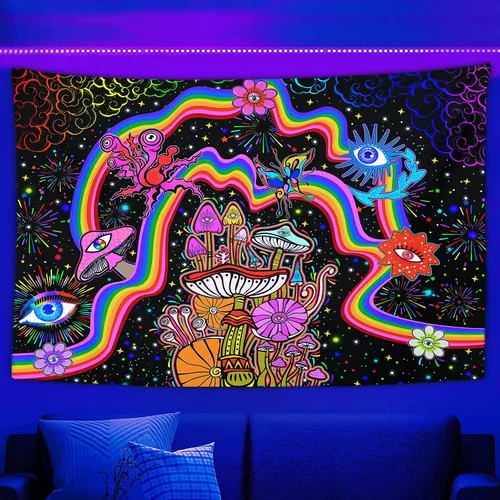Vista 9 de NiYoung Tapiz Trippy para colgar en la pared, luz negra, arco iris, flores coloridas, ojos, estrellas, plantas mágicas, neón reactivo a los rayos