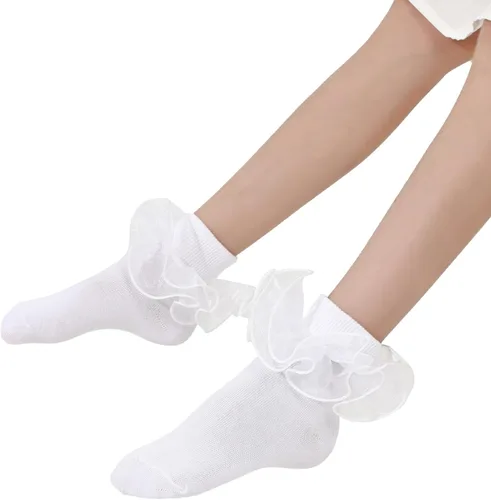 Vista 2 de Dicry Calcetines de doble encaje con volantes grandes para bebés y niños pequeños