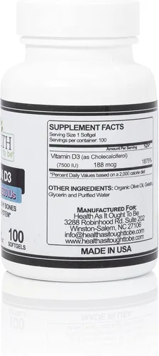 Vista 2 de Health As It Ought To Be Suplemento de vitamina D3 7500 UI 188mcg - Formulado por un médico - Apoya la salud ósea e inmunológica - 100 cápsulas