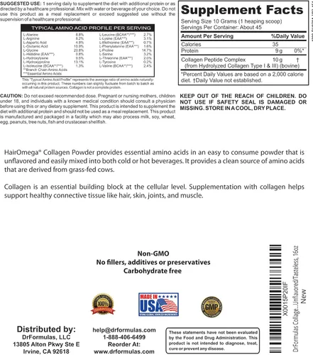 Vista 2 de DrFormulas HairOmega - Colágeno para el crecimiento del cabello, proteína en polvo, péptidos de hidrolizado de colágeno bovino, sin sabor, sin