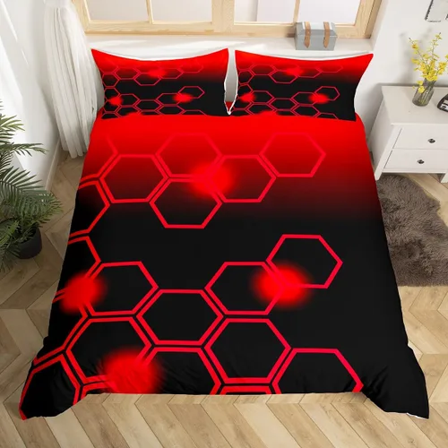 Vista 9 de Feelyou Juego de ropa de cama verde y negro tamaño individual para niños y adolescentes, juego de funda de edredón con temática hexagonal
