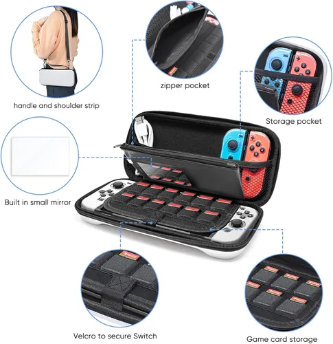 Vista 3 de Funda y protector de pantalla de vidrio templado compatible con Nintendo Switch OLED bolsa de transporte portátil con bolsillo carcasa protectora