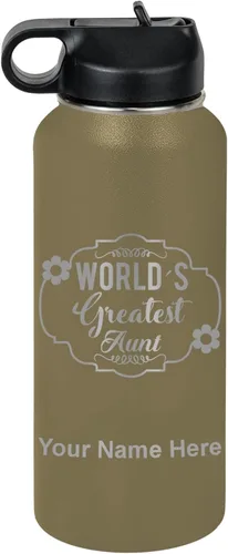Vista 19 de LaserGram Botella de agua con tapa abatible de doble pared de 12 onzas con pajilla, la tía más grande del mundo, grabado personalizado incluido Negro