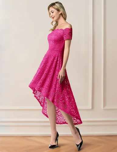 Vista 2 de Dressystar Vestido de Cóctel de Encaje para Mujer Hi-Lo con Hombros Descubiertos para Dama de Honor Vestido de Fiesta Formal Swing