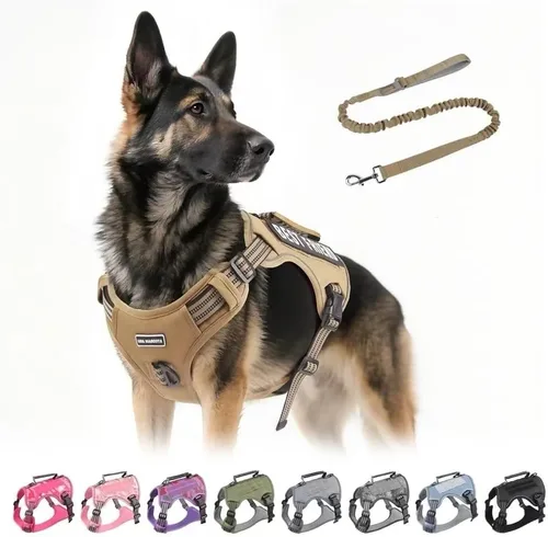 Vista 10 de Arnés táctico para perros grandes con correa, arnés ajustable sin tirones, chaleco de trabajo K9 reflectante para mascotas para caminar, Verde