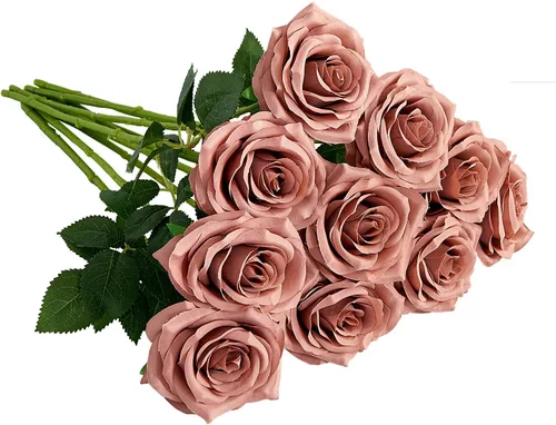 Vista 27 de 10 rosas artificiales abiertas, tallos de rosas artificiales para arreglos de boda, ramo de novia, centro de mesa, flores de seda sintética falsas