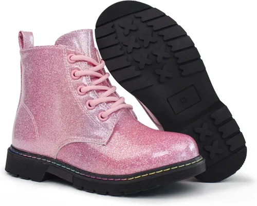 Vista 3 de Hawkwell Botas de trabajo de combate de patente para niñas y niños con cremallera lateral (niños pequeñosniños grandesjóvenes), 0 Toddler