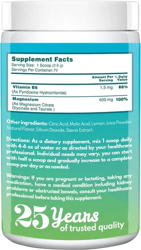 Vista 6 de VAL Triple Magnesio Complejo en Polvo – Citrato, Glicinato, Taurato – Bebida relajante antiestrés – Sabor natural de limón – 400 mg de magnesio