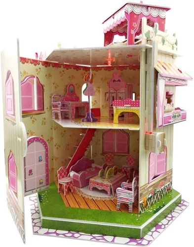 Vista 4 de Rooftop Romance 3D Puzzle casa de muñecas para niñas, kit de construcción de casa de muñecas en miniatura 3D fácil de montar con luz LED para niños