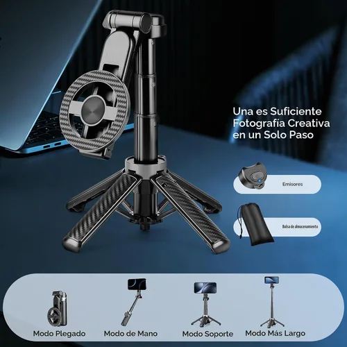 Vista 8 de Trípode magnético multifuncional 4 en 1, palo selfie portátil para iPhone y Android con control remoto desmontable y anillo de metal, trípode