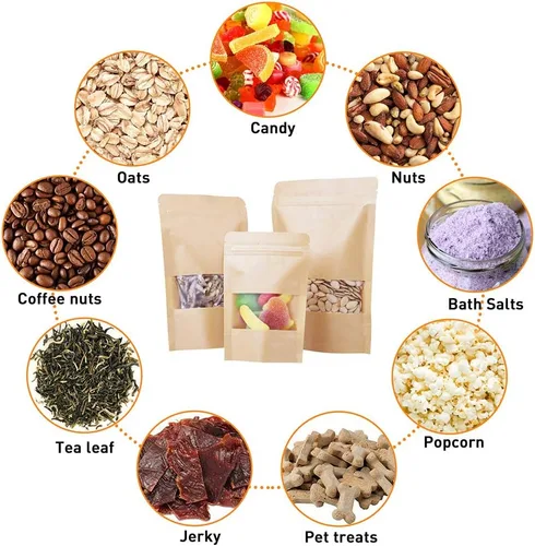 Vista 4 de Bolsas de papel kraft de pie 100 unidades, bolsas resellables marrones con ventana para el hogar o negocios, café, bolsas de almacenamiento
