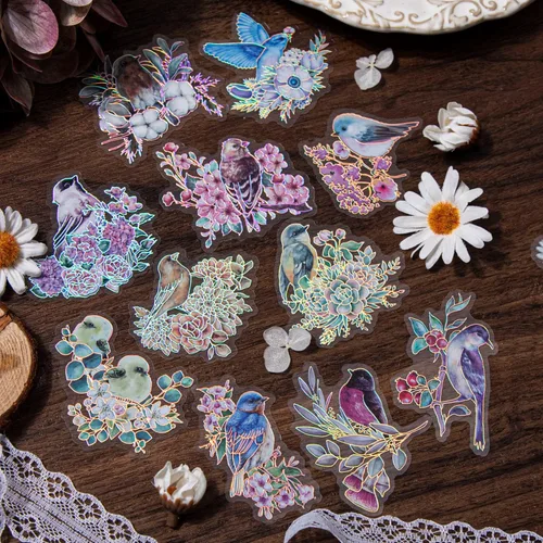 Vista 3 de LakoArt 120 calcomanías de pájaros y flores con borde holográfico plateado y fondo transparente, calcomanías de álbum de recortes de naturaleza