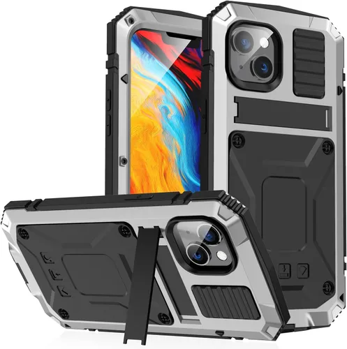 Vista 11 de Funda de metal para iPhone 14 de aluminio de grado militar con protector de pantalla de soporte de metal, a prueba de caídas, a prueba de golpes