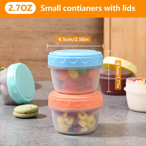 Vista 5 de RXRRXR Paquete de 12 Recipientes para Aderezo de Ensalada Para Llevar de 2.7 oz Condimentos Pequeños con Tapas Reutilizables Sin BPA A Prueba