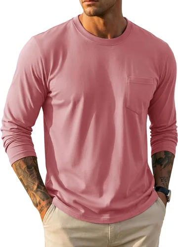 Vista 26 de MAGCOMSEN Camisa de manga larga para hombre con bolsillo, de algodón, cuello redondo, casual, ligera