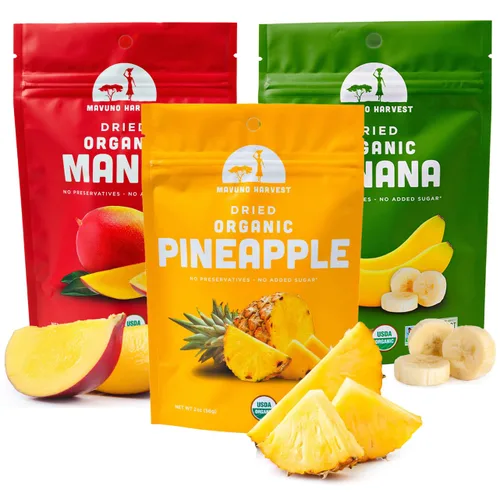 Vista 28 de Mavuno Harvest Paquete variado de frutas secas orgánicas, mango seco, papaya, piña, plátano, yaca y mezcla tropical, saludable, vegano, sin azúcar