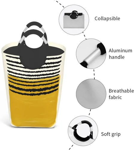 Vista 4 de Cesto de ropa sucia con estampado de líneas amarillas mostaza, impermeable, plegable, con asas, para el hogar, baño, dormitorio, dormitorio