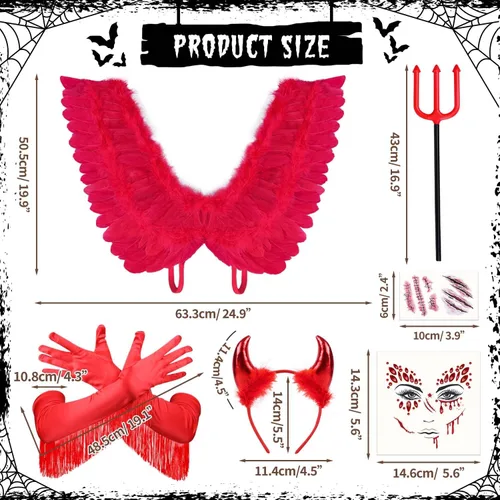 Vista 2 de MOVINPE Red Devil - Juego de accesorios para disfraz de Halloween, alas de plumas infernales, cuernos de diablo, diadema de tridente, gemas