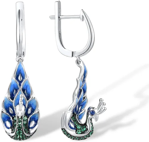 Vista 2 de Santuzza Aretes colgantes de plata de ley 925 con diseño de pavo real esmaltado para mujer