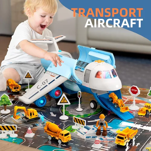 Vista 3 de Avión de carga de transporte, juego de juguetes de avión temáticos grandes, juego de vehículos de juguete educativo con sonido y luz de humo, avión