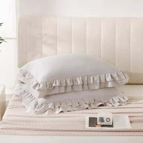 Vista 4 de Bedbay Juego de 2 fundas de almohada beige tamaño Queen, fundas de almohada con volantes, fundas de almohada Shabby Chic tamaño estándar, fundas
