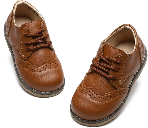Vista 4 de COSANKIM Zapatos de vestir para niños y niñas, de piel sintética, con cordones, para boda, escuela, uniforme, zapatos de vestir para niños